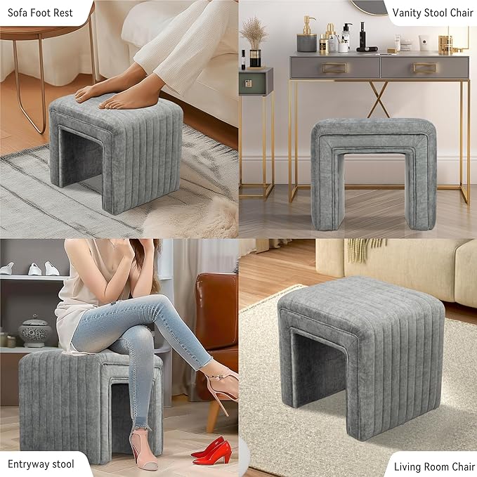 Get Set Style Vanity Stool Chair,Modern Velvet Ottoman Foot Stool with Wooden Legs Sofa Bench Footstool Extra Seat for Vanity,Makeup Room,Living Room,Entryway,Office (Fully Assembled)