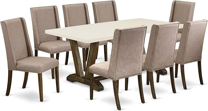 East West Furniture V727FL716-9 9 Piece Modern Dining Table Set Includes a Rectangle Wooden Table with V-Legs and 8 Dark Khaki Linen Fabric Parsons Dining Chairs, 40x72 Inch, Multi-Color