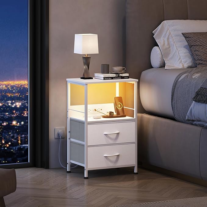 WLIVE White Night Stand with Charging Station, LED Nightstand with 2 Fabric Drawers and Storage Shelf, Dorm Bedside Table End Table with 2 USB Ports and Outlets, Small Dresser for Bedroom, Living room