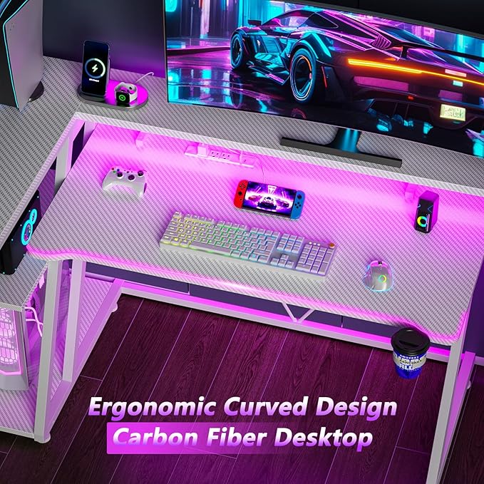 40 Inch Gaming Desk with Power Outlet & LED Lights, L Shaped Computer Gaming Table with 3 Tiers Storage Shelves, Corner Gamer Desk with Monitor Stand for Small Space, Carbon Fiber White