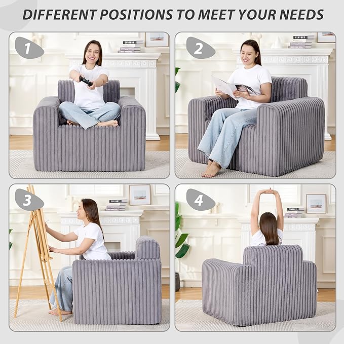 Giant Bean Bag Chair for Adults, Non-Slip Floor Sofa with High Backrest & Wider Armrest, Upgrade Whole Sponge Bean Bag Sofa Couch for Bedroom Living Room(Large,Grey,Stripe Plush)