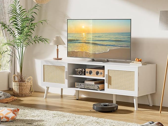 SUPERJARE TV Stand for 65 Inch TV, Entertainment Center with Adjustable Shelf, Rattan TV Console with 2 Cabinets, Media Console, Solid Wood Feet, 4 Cord Holes, for Living Room, White-8750W