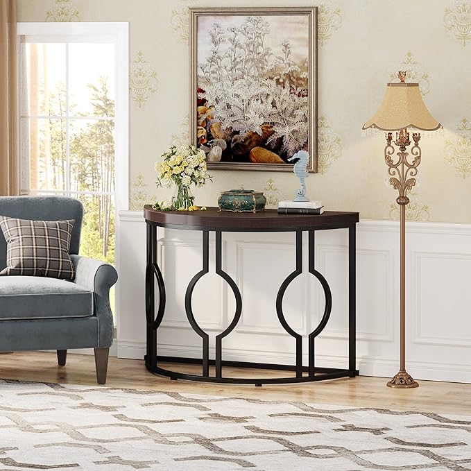 LITTLE TREE 43 Inch Half Moon Console Table for Entryway Industrial Semi Circle Sofa Table Wood Accent Table for Living Room, Hallway, Foyer, Entrance, Rustic Brown