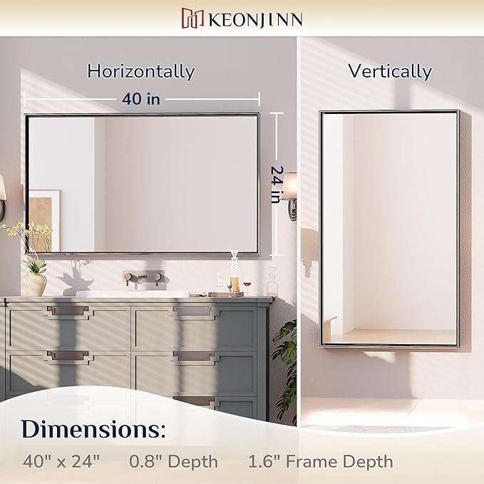 Keonjinn Black Bathroom Mirror 40 x 24 Inch, Metal Frame Black Mirror for Over Sink, Brushed Black, Modern Farmhouse, Square Corner Rectangular Mirrors for Wall(Horizontal/Vertical)