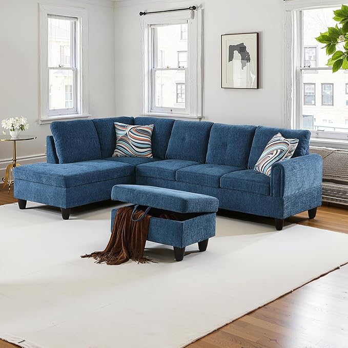 NicBex Sectional Couch 3 Pieces Sofa Set with Right Chaise Flannel L Shaped Cloud Couch for Living Room Furniture Sets with Storage Ottoman, Modular Sofa for Living Room & Apartment, Dark Blue