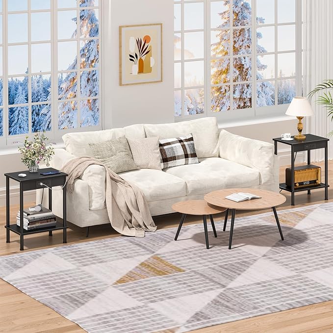 End Table with Charging Station,Small Side Table,2-Tier Nightstand with Storage Shelf,Sofa Bedside Table for Small Spaces in Living Room,Bedroom,Office,Easy Assembly,Black
