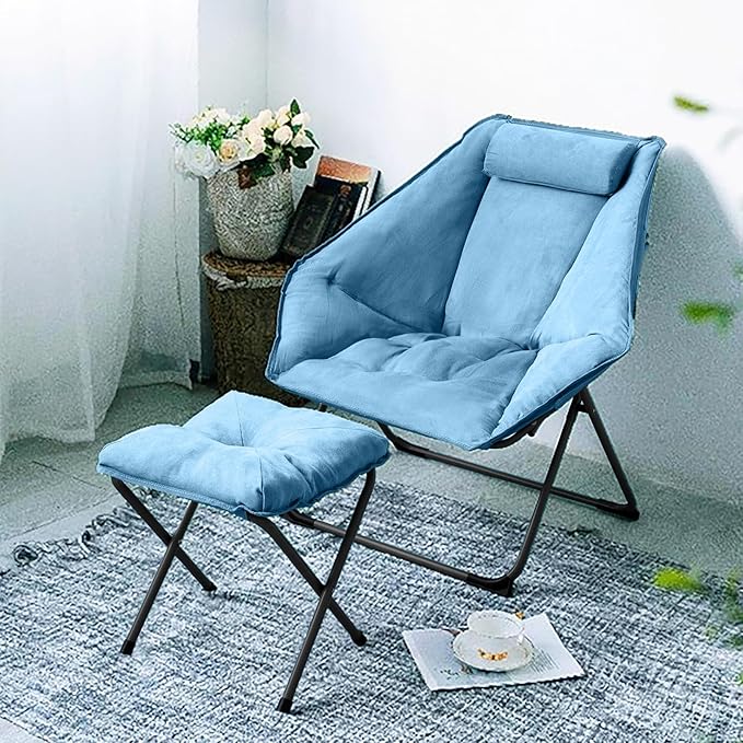 Hexagon Foldable Living Room Chair, Saucer Chair for Adults, Comfy Bedroom Lounge Chair, Moon Chair, Lazy Folding Chair for Dorm Rooms(Ottoman-Blue)