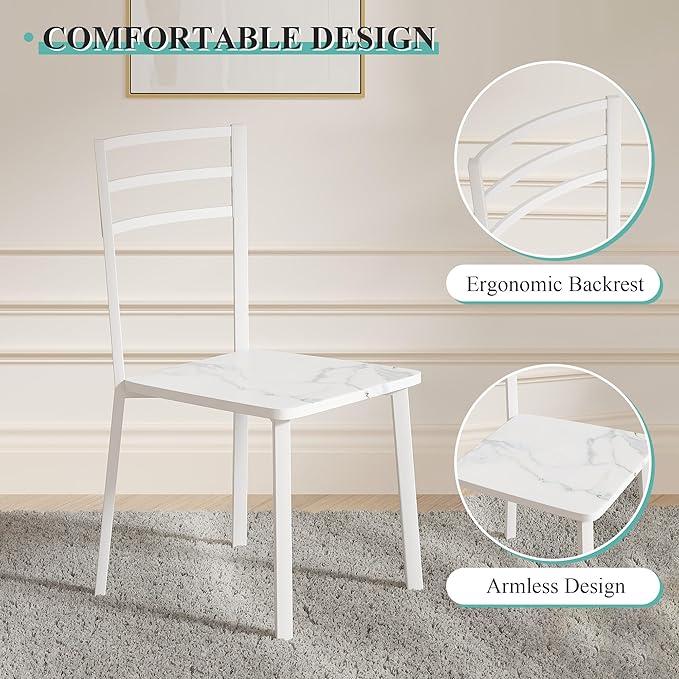 VECELO Small Round Dining Table Set for 2, Wood Tabletop with Strong Metal Frame, Modern Dinette with Chairs for Kitchen, Breakfast Nook Living Room, Faux Marbled & White