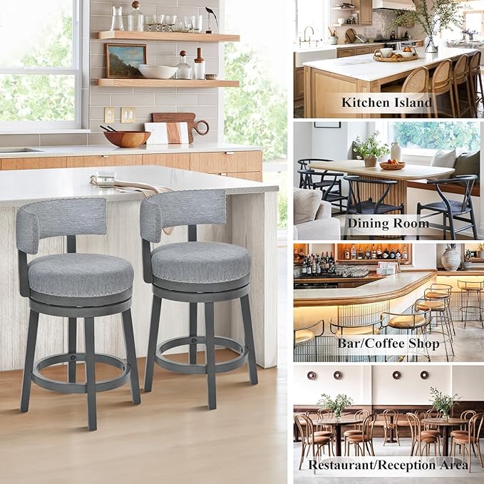 COLAMY Swivel Bar Stool Set of 2, Modern Swivel Barstool with Back, Counter Height Bar Stools, 25 Inch Upholstered Wood Barstool for Kitchen Island Dining Room Bar, Grey
