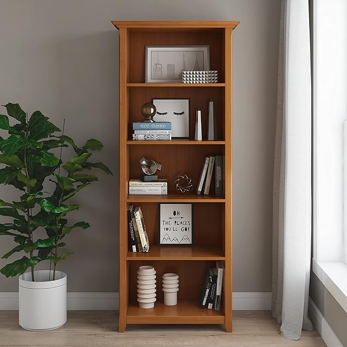 SIMPLIHOME Amherst Bookcase - 70 inch Tall 5-Shelf Solid Wood Bookshelf in Light Golden Brown, Transitional Storage for Living Room, Study Room or Office with Adjustable Shelves and Tapered Legs