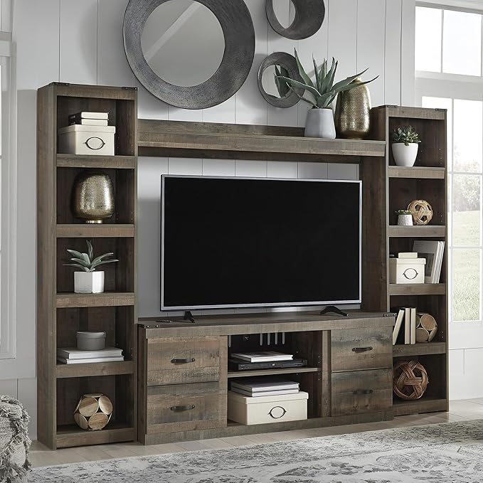 Signature Design by Ashley Trinell Rustic 4-Piece Entertainment Center for TVs up to 69", Light Brown