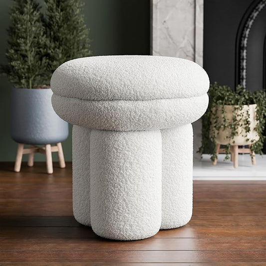 Furniture of America Rami Modern 18-inch Mushroom-Shape Upholstered Ottoman with Tri-Pillar Pedestal, Vanity Stool Chair, Small Foot Stool for Bedroom, Living Room, Entryway, Beige