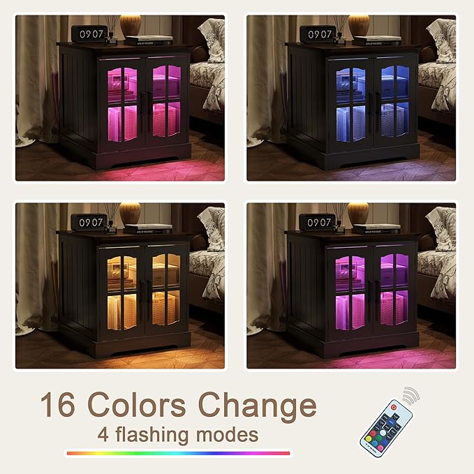 ChooChoo Rustic End Table, 24" Large Sofa Side Table with Charging Station & LED Light, Black Nightstand with Adjustable Storage Shelf, Square Bedside Table for Living Room, Bedroom, Office