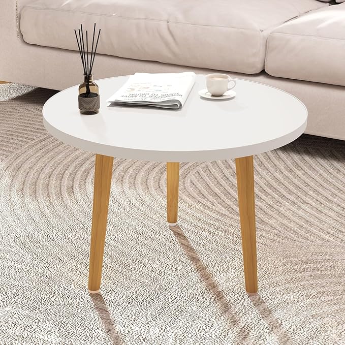 Round Coffee Table Low Table with 3 Solid Wood Sturdy Legs, Floor Table Desk for Sitting on The Floor, Storage and Living Room Furniture (White)