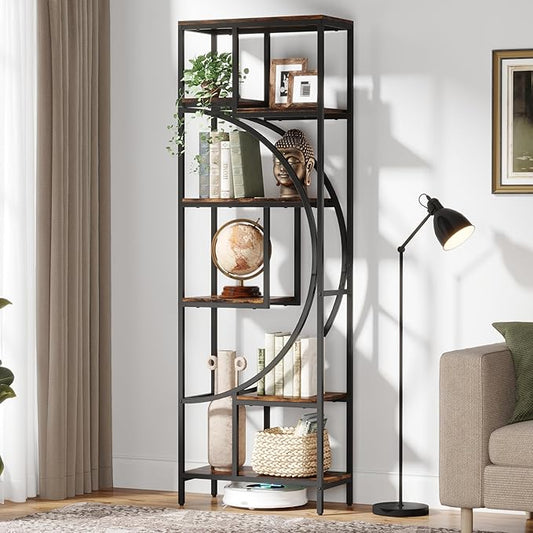 Geometric Bookshelf, 70.9" Tall Bookcase with 7-Shelf Open Shelves, Wood Metal Book Shelf Display Rack Storage Shelving Unit for Office, Bedroom, Living Room, Easy Assembly, Rustic Brown