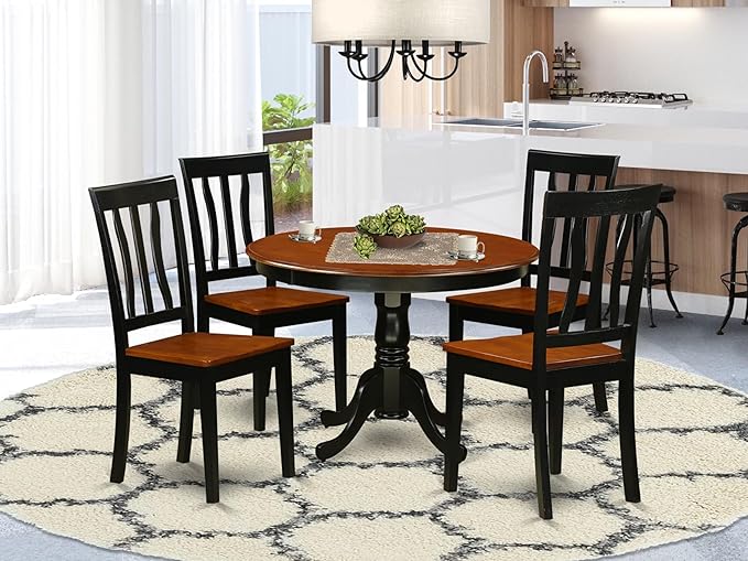 East West Furniture HLAN5-BCH-W 5 Piece Dining Table Set for 4 Includes a Round Kitchen Table with Pedestal and 4 Dining Room Chairs, 42x42 Inch, Black & Cherry