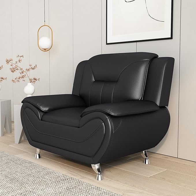 Container Furniture Direct Michael Modern Faux Leather Upholstered Stainless Steel Legs Living Room, Chair, Loveseat, Sofa, Soft Beige/Black