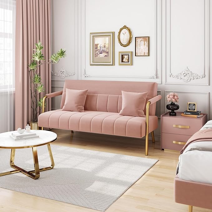 Yaheetech 56.5" W Modern Sofa Small Sofa Luxurious Velvet Fabric Couch with Gold-Tone Metal Arms and Legs for Living Room, Home Office, Studio Pink