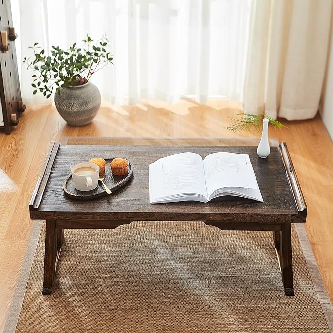 Japanese Floor Table,Small Coffee Table & Tea Table, Altar Table for Meditation,Low Table for Sitting on The Floor,Wood Bed Table Trays with Foldable Legs,Bed Laptop Desk