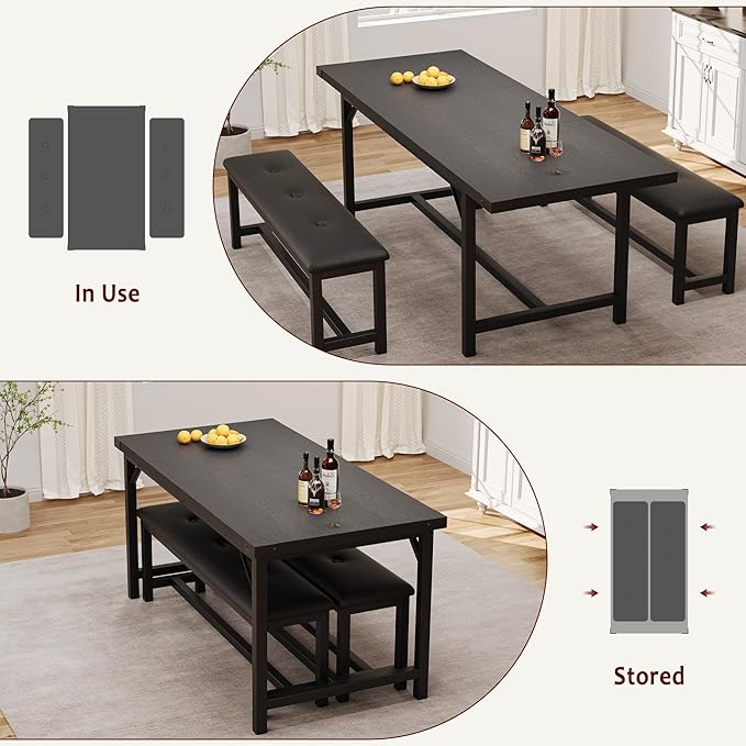 Dining Table Set for 4-6, 63“ Large Extendable Kitchen Table Set, Wood Rectangle Kitchen Table with 2 Soft Benches for Small Space, Apartment, Dinner,Black