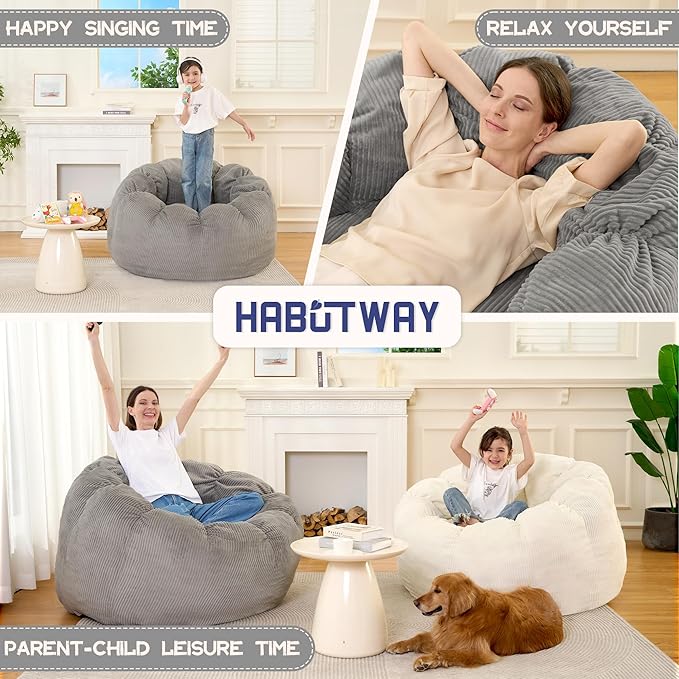 HABUTWAY Giant Bean Bag Chair for Adults/Kids/Teens, Pumpkin Bean Bag Couch Comfy Reading Chair for Bedroom, Corduroy Lazy Sofa Loughe Chair with Wider Seat Depth & Non-Slip Bottom(Grey)