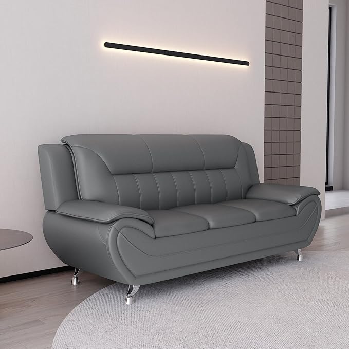 Container Furniture Direct Michael Modern Faux Leather Upholstered Stainless Steel Legs Living Room Sofa, Sleek Gray