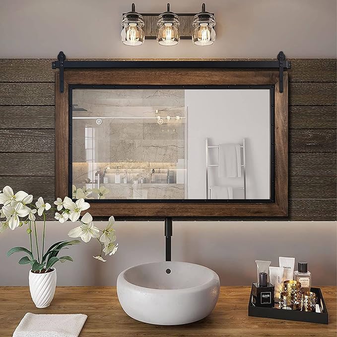 YOSHOOT Farmhouse Barn Door Mirror, 40"x26" Rustic Bathroom Mirror, Wood Frame Wall Mirror, Wooden Mirror for Living Room Bedroom Entryway Wall Décor, Horizontal Hanging ONLY