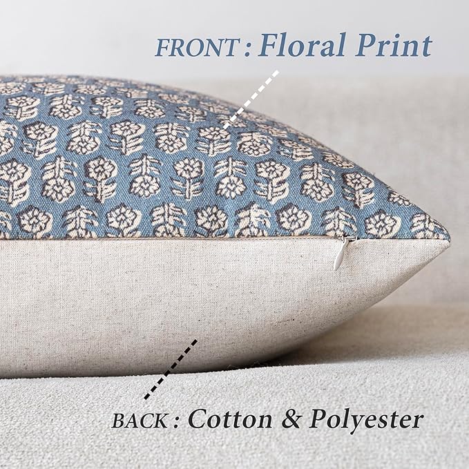 Foindtower Set of 2 Decorative Neutral Body Lumbar Throw Pillow Covers Vintage Accent Farmhouse Cushion Covers Floral Home Decor for Sofa Couch Chair Bedroom Living Room Outdoor,14×36 Inch,Dusty Blue