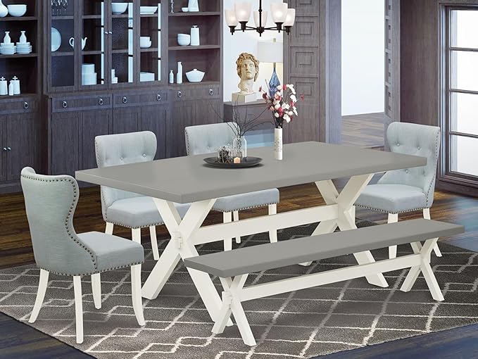East West Furniture X097SI215-6 6 Piece Dining Set Contains a Rectangle Dining Room Table with X-Legs and 4 Baby Blue Linen Fabric Parson Chairs with a Bench, 40x72 Inch, Multi-Color