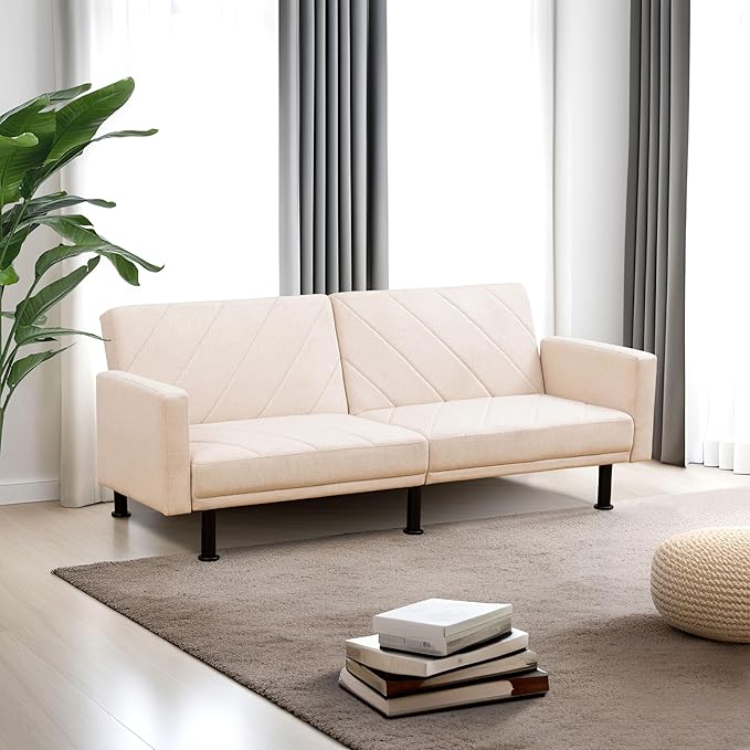 Fold Out Modern Couch Convertible Chair Bed, Sleeper Sofa 2 Seater Loveseat, Small Couch for Living Room, Futon Lounge Comfy Sofa Bed Cama for Small Spaces for Bedroom, Adjustable Angle, Beige