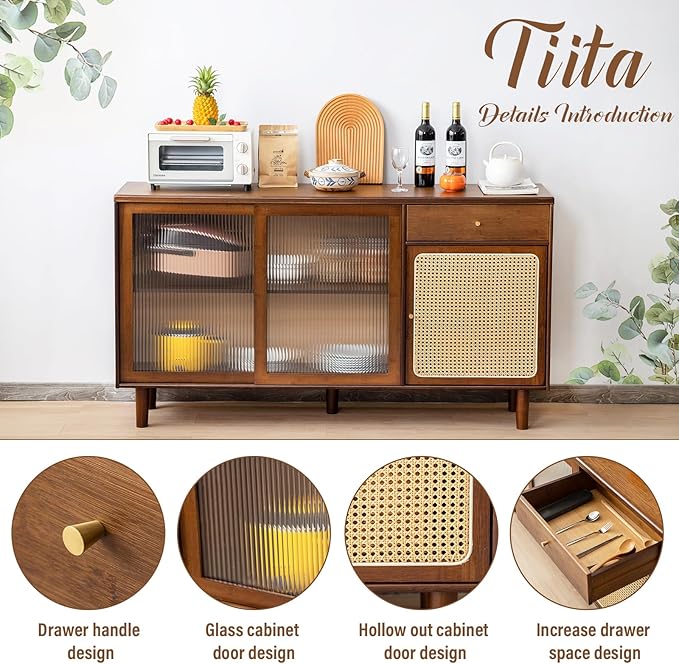 Tiita Bamboo Sideboard Buffet Cabinet, Rattan Kitchen Storage Cabinet with Drawer, Boho Coffee Bar Tables for Kitchen Hallway Office, Walnut
