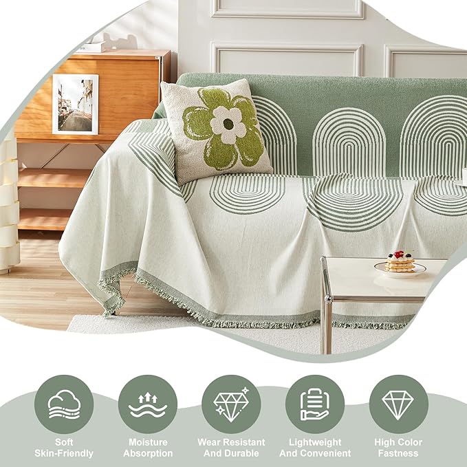 STACYPIK Modern Green Striped Couch Cover for Pets, Boho Geometric Sofa Cover for 2 Cushion Couch, Boho Chenille Sofa Cover for Dogs, Sofa Slipcover for Sectional, Throw Cover for Loveseat-71X118IN