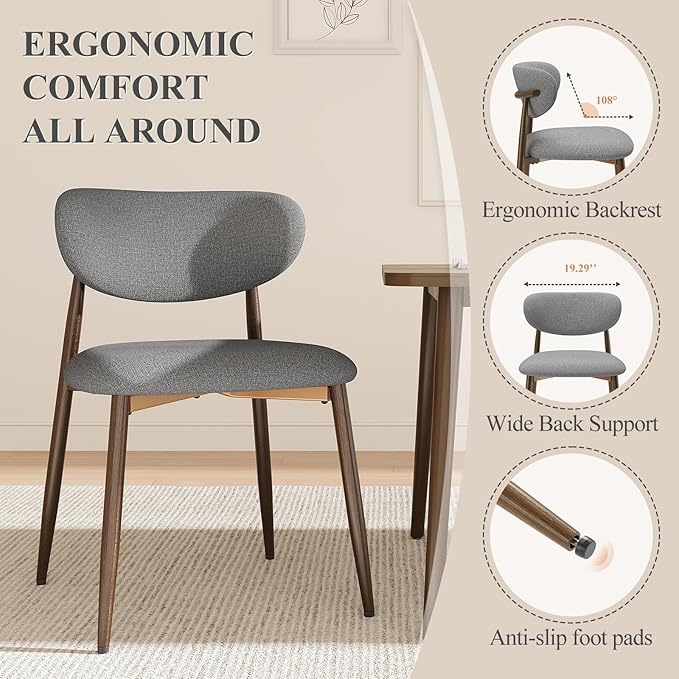 Dining Chairs Set of 6, Ergonomic Fabric Upholstered Seating with Wood Look Metal Legs and Anti Slip Pads, for Home and Restaurant Use, Light Grey