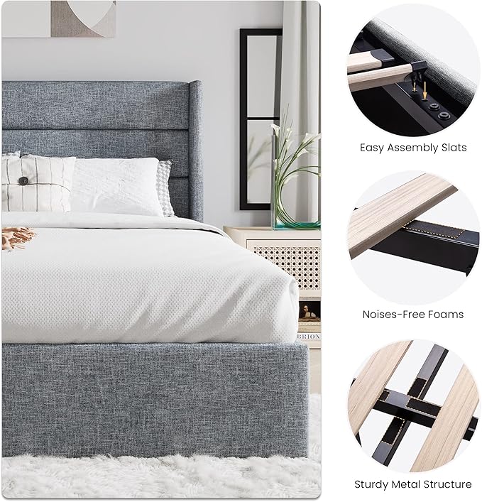 SHA CERLIN Full Size Lift Up Storage Bed/Modern Wingback Headboard/Upholstered Platform Bed Frame/Hydraulic Storage/No Box Spring Needed/Wood Slats Support/Grey Blue