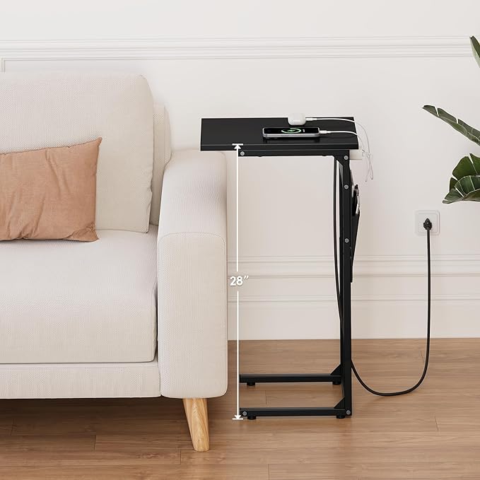 Vagusicc C Shaped End Table with Charging Station, Small Side Table for Couch, Couch Side Tables Recliner Desk, Slide Under Sofa Table TV Tray Arm C Tables for Living Room, Bedroom, Bedside, Black