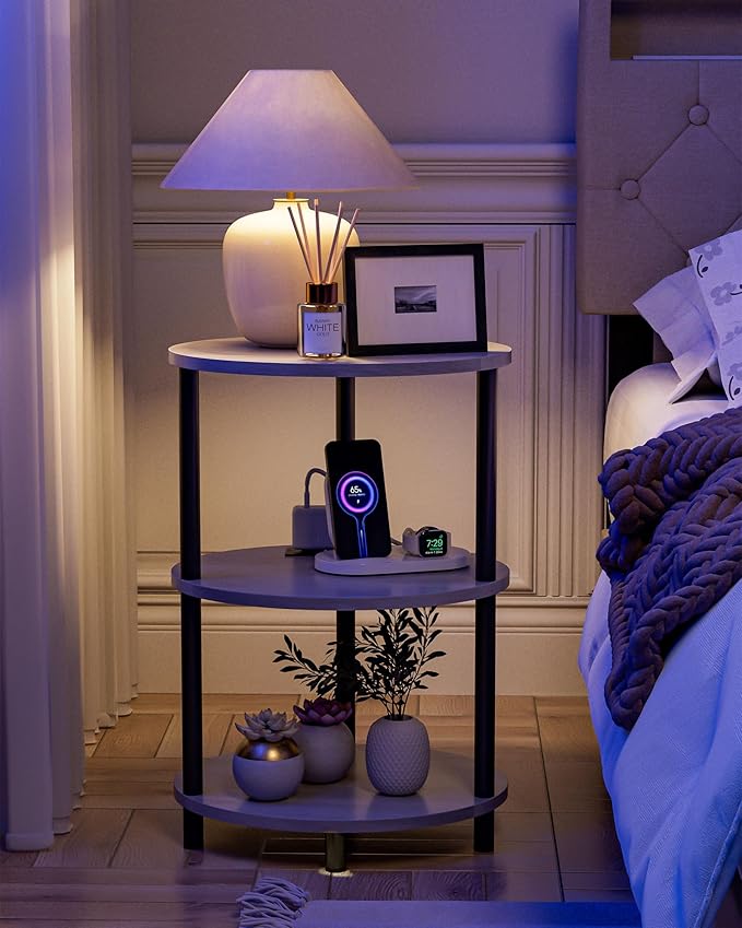 Small Round Side Table - 3-Tier Oval Accent Table for Small Spaces, Rustic Wood and Metal Nightstand for Living Room or Bedroom, Built-in USB Ports and Power Outlet, Greige
