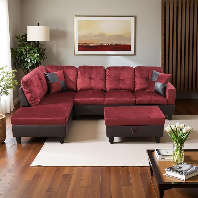 L Shaped Couch Modern Sectional Couch Upholstered Flannel Fabric 3 Pieces Sofas for Living Room with Chaise, Storage Ottoman for Office and Small Apartment, Red
