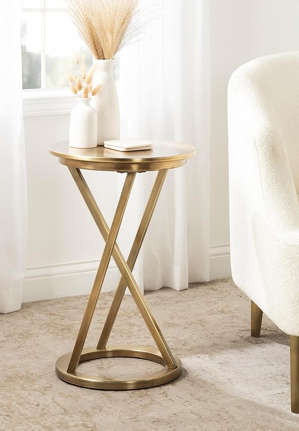 Kate and Laurel Aja Modern Metal Round Side Table; 15 x 15 x 23; Antique Brass; Decorative Geometric Nightstand with Circular Tabletop and Unique Slanted Legs