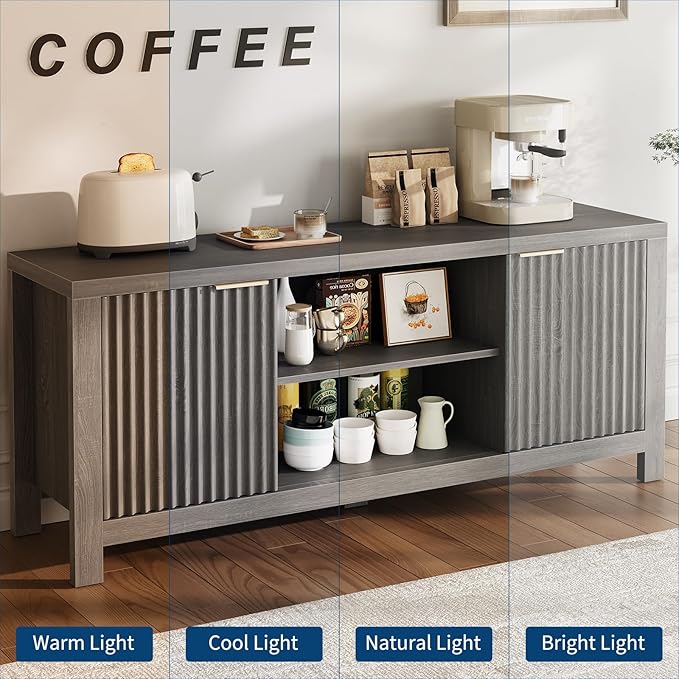 59" TV Stand for TVs Up to 65 Inches, Mid Century Modern TV Entertainment Center with Storage Cabinets & Open Shelves, Wood TV Cabinet for Living Room, Gray Oak