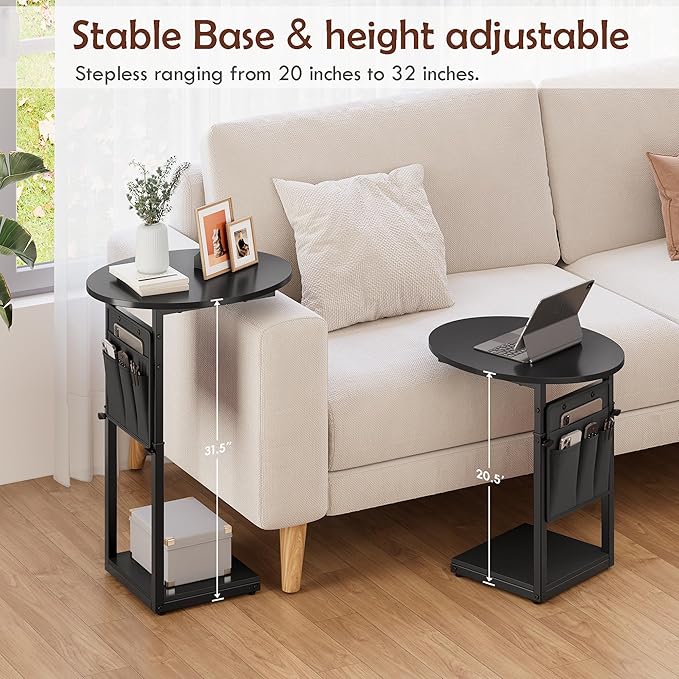 Vagusicc C Shaped End Table, Adjustable Height Small Side Table for Couch and Recliner, 32" Tall Couch Side Table Slide Under Sofa Tray Desk with Storage Bag for Living Room and Bedroom, Black