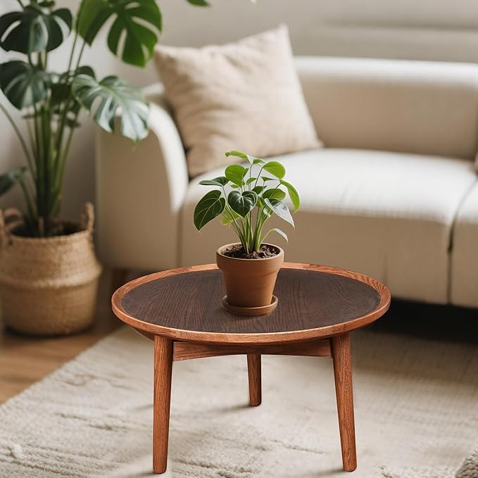 CONSDAN 24 Round Coffee Table, Solid Oak Frame & Veneer Top, USA Grown Hardwood, Modern Living Room, Lounge Side Table (Single Large Piece)