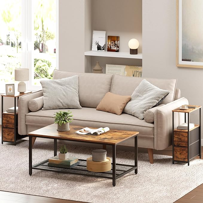 TUTOTAK Small Narrow End Table, Set of 2, Side Table, Nightstand with 2 Cloth Drawers, Couch Table, for Living Room, Bedroom, Bedside, Brown TB01BB054