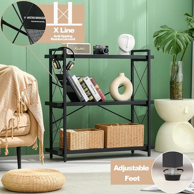 HCHQHS Bookshelf, 3-Tier Industrial Bookcase, Black Open Book Shelf, Freestanding Horizontal Bookshelves with Metal Frame