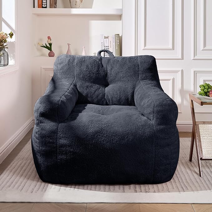 Blue Bean Bag Chair Ultra-Soft Faux Fur Large Bean Bag Couch - Plush Memory Foam BeanBag Chair with Filling, Bedroom Comfy Chair for Adults, Teens, Kids (Blue)