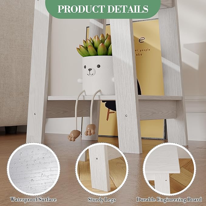 End Table with Double Storage Shelves, Small Space Side Table for Farmhouse Bedroom, Studio Apartment, Entryway， White