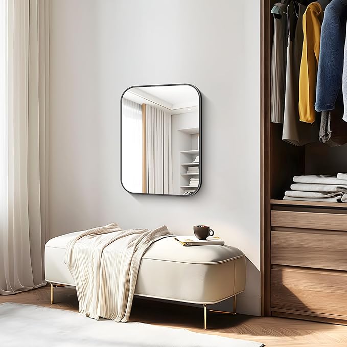 Bathroom Mirror, 18 x 24 inch Metal Framed Black Rectangle Mirror, Rounded Corner Rectangular Vanity Mirror, Wall Mounted Mirror for Modern Bedroom Living Room Hangs Horizontal or Vertical
