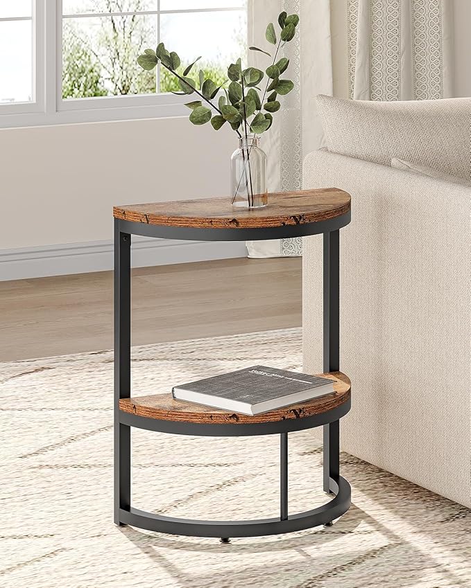 LITTLE TREE 2-Tier End Table Half Round with Storage Shelf, Small Side Table Space Saving Narrow Accent Table for Living Room Sofa Couch, Bedroom, Rustic Brown