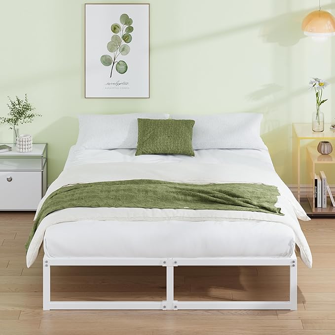 EMODA 12 Inch Full Size Bed Frame, Metal Platform White Bed Frame Full No Box Spring Needed, Heavy Duty Steel Slats Support, Easy Assembly, Noise Free