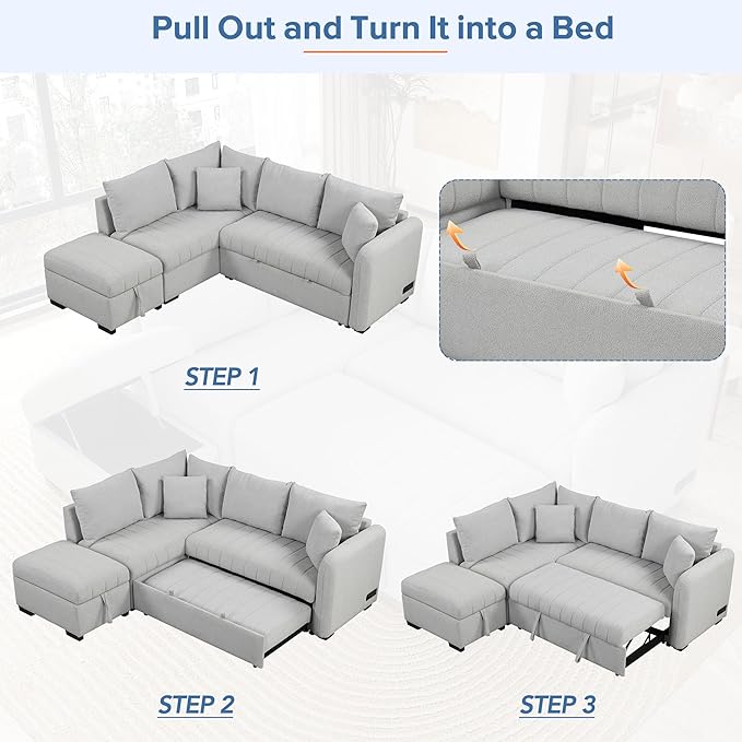 Ball & Cast L-Shaped Sectional Pull Out Sofa with Two USB Ports,4-Seater Convertible Couch w/Power Sockets and Movable Storage Ottoman,for Living Room,Apartment,Grey