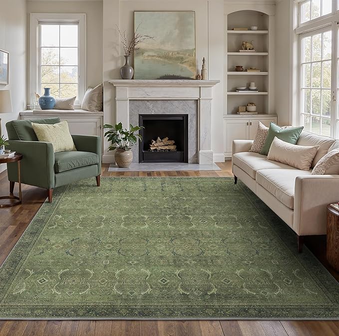 8X10 Area Rugs Machine Washable Rugs for Living Room, Vintage Boho Large Rugs for Bedroom Dining Room, Non Slip Indoor Soft Distressed Lightweight Thin Low Pile Carpet, Vivid Green